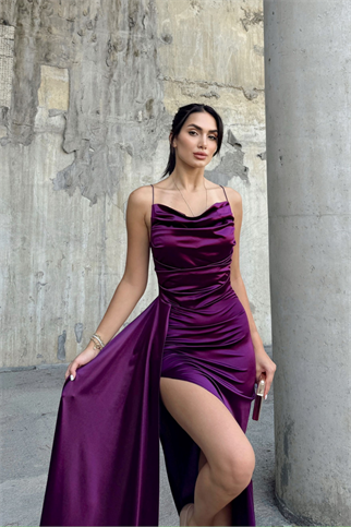 Allyso Degaje Yaka Yırtmaçlı Abiye 582243 MÜRDÜM