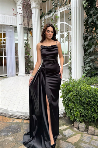 Allyso Degaje Yaka Yırtmaçlı Abiye 582243 SİYAH