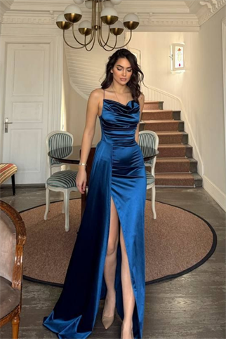 Allyso Degaje Yaka Yırtmaçlı Abiye 582243 İNDİGO