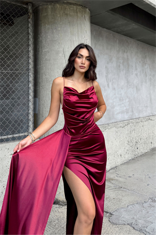 Allyso Degaje Yaka Yırtmaçlı Abiye 582243 BORDO