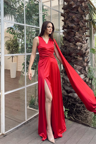 Alya Kuyruklu Yırtmaç Detay Saten Abiye 582240 KIRMIZI