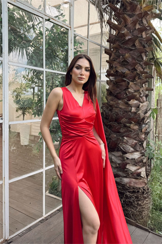 Alya Kuyruklu Yırtmaç Detay Saten Abiye 582240 KIRMIZI