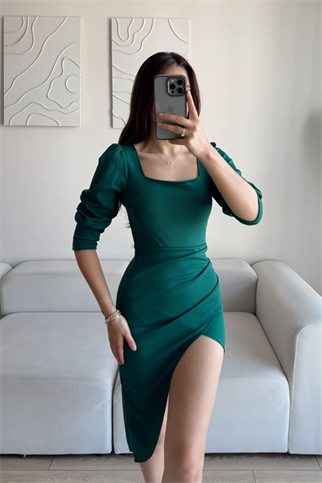 Arsima Kare Yaka Yırtmaçlı Midi Boy Elbise YEŞİL J5X
