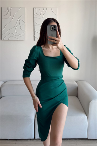 Arsima Kare Yaka Yırtmaçlı Midi Boy Elbise YEŞİL J5X