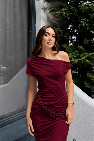 Asel Kayık Yaka Degaje Midi Elbise