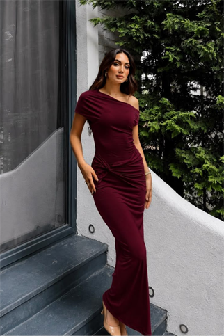 Asel Kayık Yaka Degaje Midi Elbise