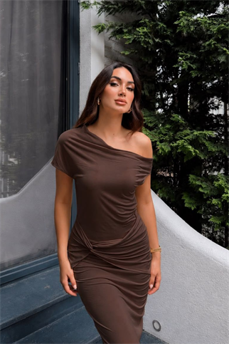 Asel Kayık Yaka Degaje Midi Elbise