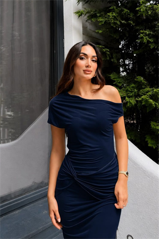Asel Kayık Yaka Degaje Midi Elbise