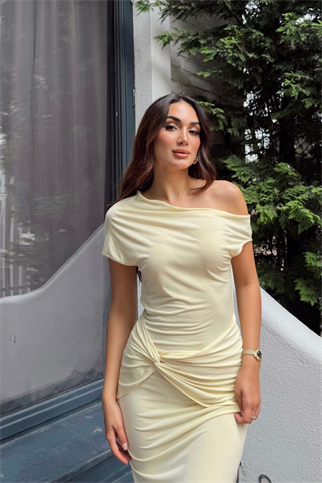 Asel Kayık Yaka Degaje Midi Elbise