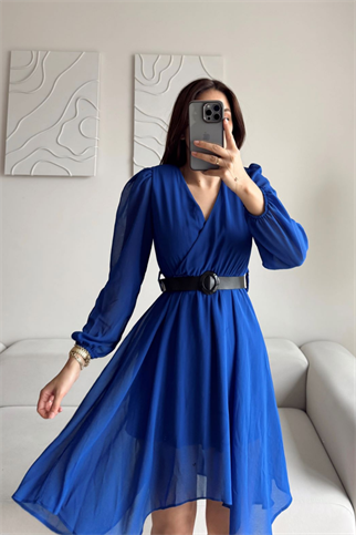 Asimetrik Kesim Kemerli Şifon Elbise 89586 SAKS MAVİSİ