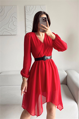Asimetrik Kesim Kemerli Şifon Elbise 89586 KIRMIZI
