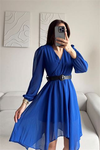 Asimetrik Kesim Kemerli Şifon Elbise 89586 SAKS MAVİSİ