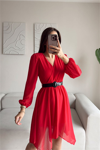 Asimetrik Kesim Kemerli Şifon Elbise 89586 KIRMIZI