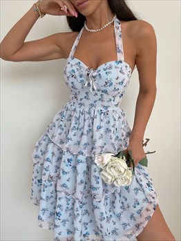 Astrid Minimal Desen Eteği Katlı Elbise BEBE MAVİSİ B9X