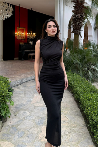 Asu Simli Kumaş Kolsuz Midi Elbise 3648