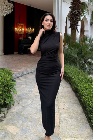 Asu Simli Kumaş Kolsuz Midi Elbise 3648