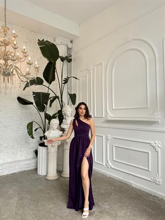 Avril Tek Omuz Yırtmaçlı Abiye 582160 MOR B3X R