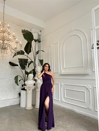 Avril Tek Omuz Yırtmaçlı Abiye 582160 MOR B3X R