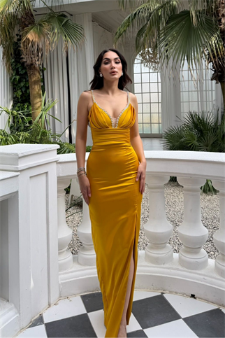 Aybeniz Taş İşleme Askılı Saten Abiye 1133