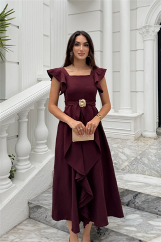 Aydilge Fırfırlı Kemer Detay Midi Elbise 2239