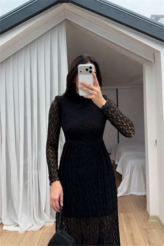 Aylin Güpür Detay Vatkalı Midi Elbise 4572