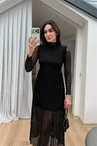 Aylin Güpür Detay Vatkalı Midi Elbise 4572