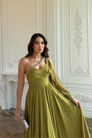 Ayperi Boncuk İşleme Detay Yırtmaçlı Abiye 9368