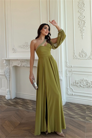 Ayperi Boncuk İşleme Detay Yırtmaçlı Abiye 9368