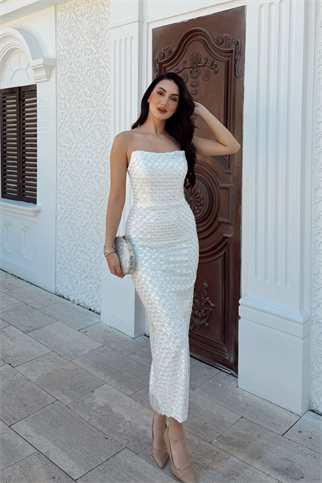 Azra Pul İşleme Straplez Midi Abiye 1134
