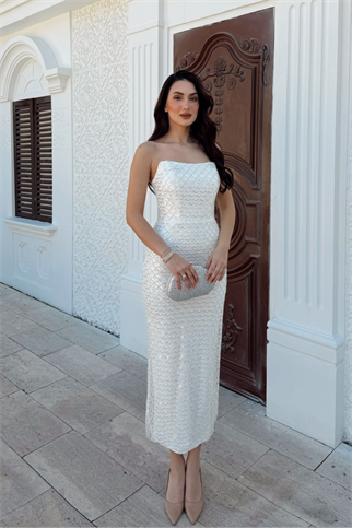 Azra Pul İşleme Straplez Midi Abiye 1134
