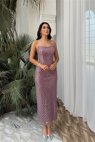 Azra Pul İşleme Straplez Midi Abiye 1134