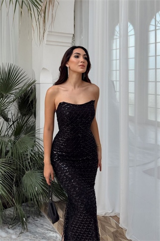 Azra Pul İşleme Straplez Midi Abiye 1134