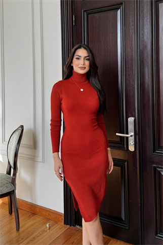 Azura Balıkçı Yaka Triko Elbise 077 KİREMİT