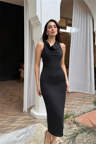 Bade Degaje Yaka Kolsuz Midi Elbise 4906