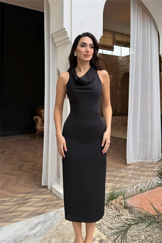 Bade Degaje Yaka Kolsuz Midi Elbise 4906