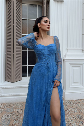 Bağcık Detaylı Simli Dantel Kumaş Abiye 1203