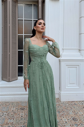 Bağcık Detaylı Simli Dantel Kumaş Abiye 1203