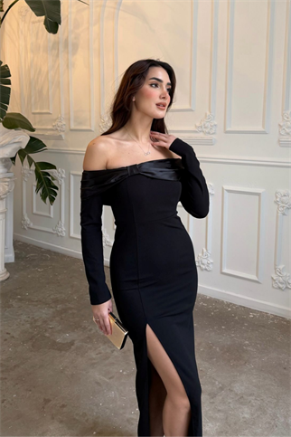 Başak Kayık Yaka Yırtmaçlı Abiye 583363 SİYAH