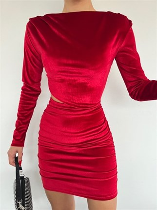 Bel Dekolte Kadife Mini Elbise 2932 BORDO D5X