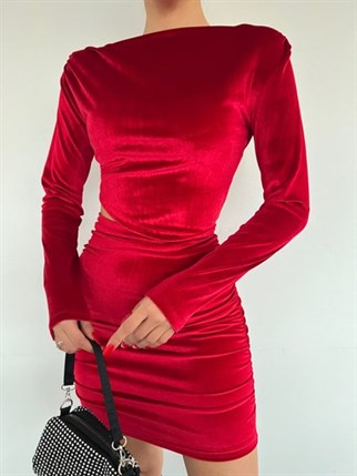 Bel Dekolte Kadife Mini Elbise 2932 BORDO D5X