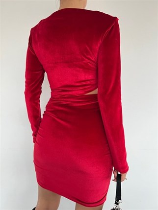 Bel Dekolte Kadife Mini Elbise 2932 BORDO D5X
