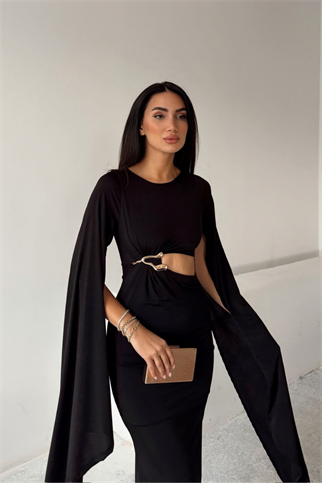 Bel Dekolteli Pelerin Detay Midi Elbise 0332
