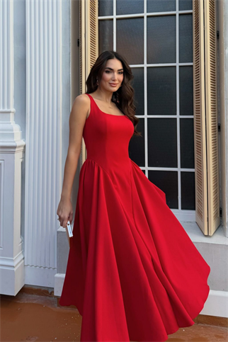 Belin Kare Yaka Sırt Dekolteli Midi Elbise 4968