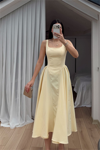 Belin Kare Yaka Sırt Dekolteli Midi Elbise 4968