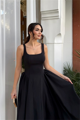 Belin Kare Yaka Sırt Dekolteli Midi Elbise 4968