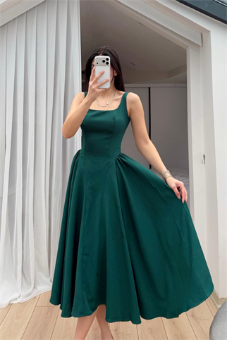 Belin Kare Yaka Sırt Dekolteli Midi Elbise 4968
