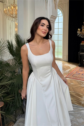 Belin Kare Yaka Sırt Dekolteli Midi Elbise 4968