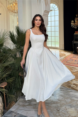 Belin Kare Yaka Sırt Dekolteli Midi Elbise 4968