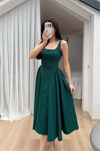 Belin Kare Yaka Sırt Dekolteli Midi Elbise 4968