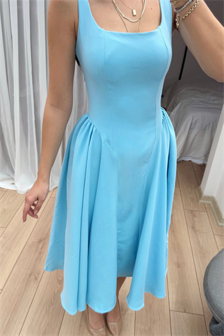 Belin Kare Yaka Sırt Dekolteli Midi Elbise 4968